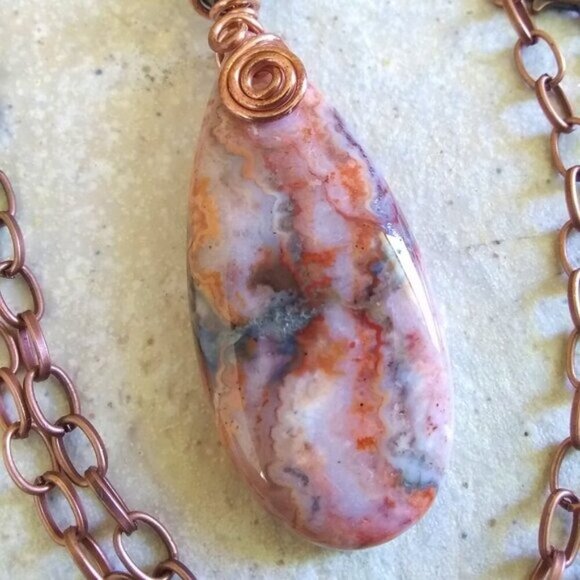 Rustic Crazy Lace Agate Pendant Necklace! Cream Gray Peachy Tangerine + Copper - Picture 8 of 15